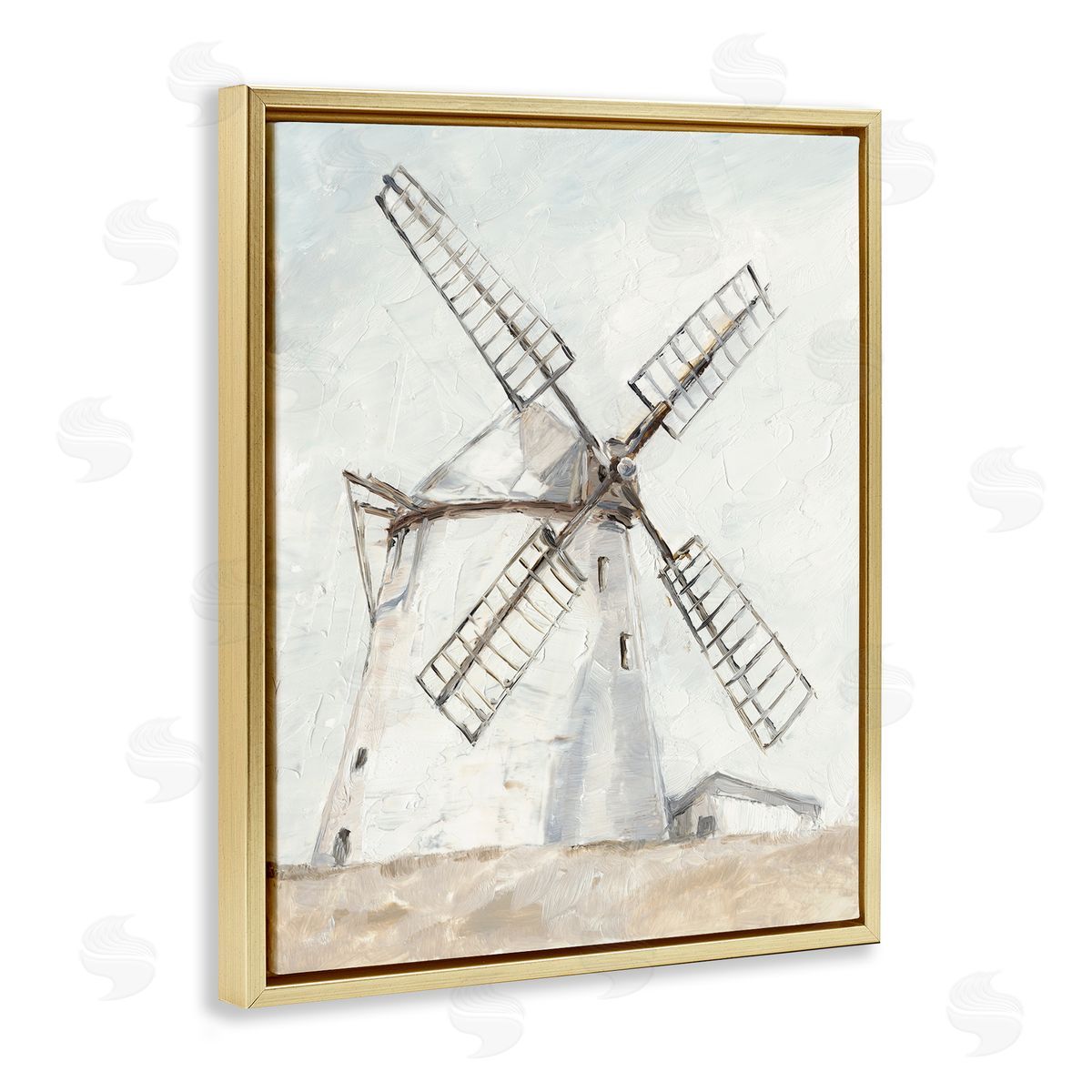 Farm Windmill Landscape Gold Floating Frame Canvas Wall Art, Home Decor by Ethan Harper