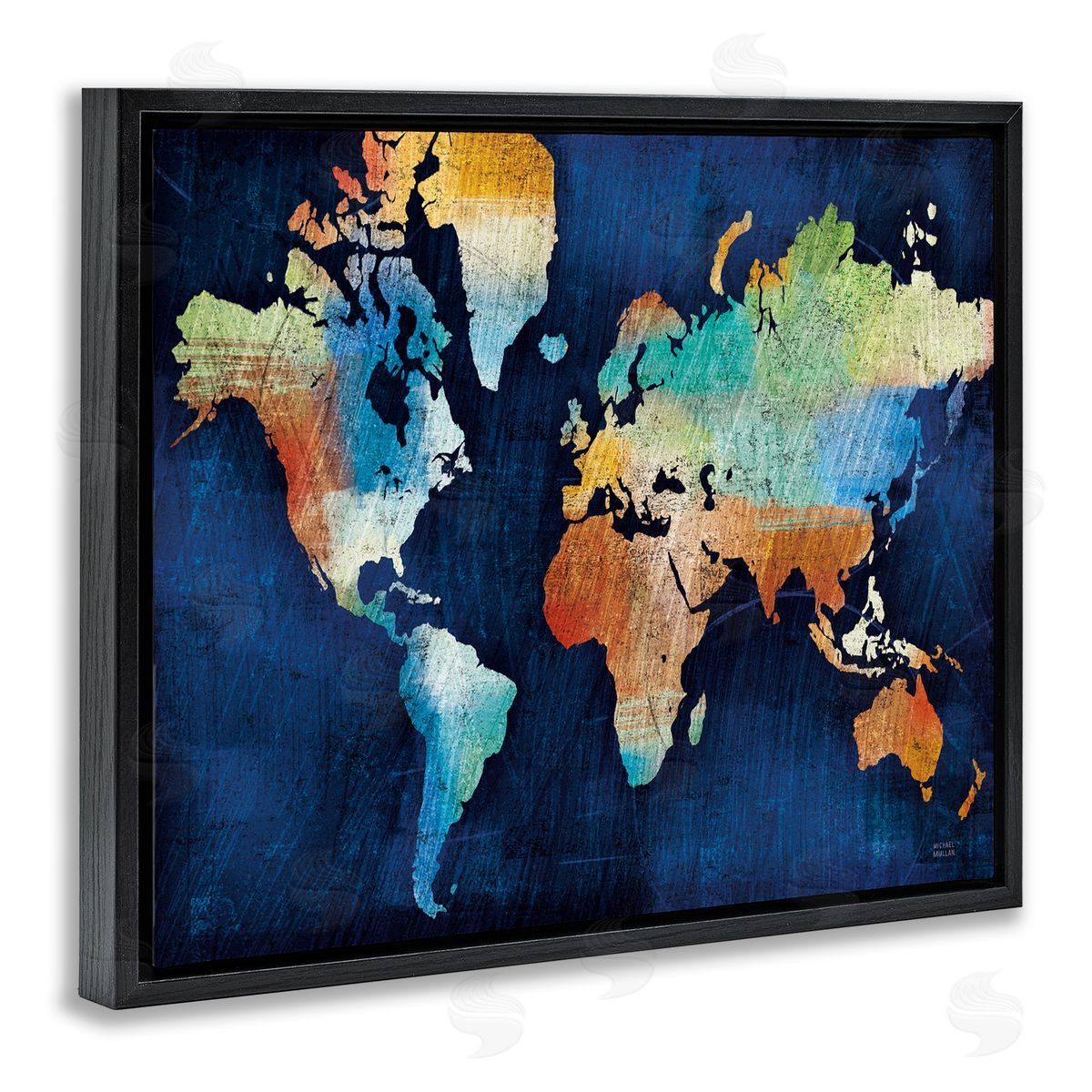 World Map Modern Rainbow Black Floating Frame Canvas Wall Art, Home Decor by Michael Mullan