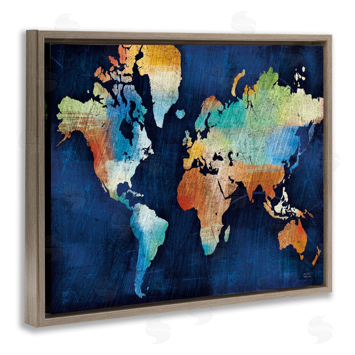 World Map Modern Rainbow Brown Floating Frame Canvas Wall Art, Home Decor by Michael Mullan