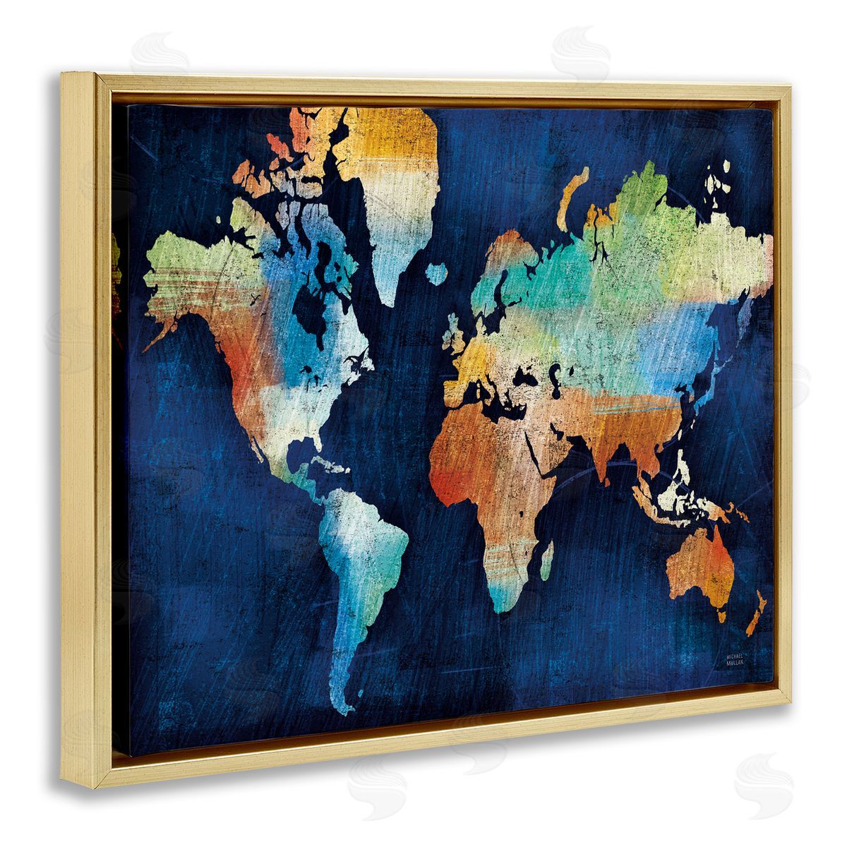 World Map Modern Rainbow Gold Floating Frame Canvas Wall Art, Home Decor by Michael Mullan