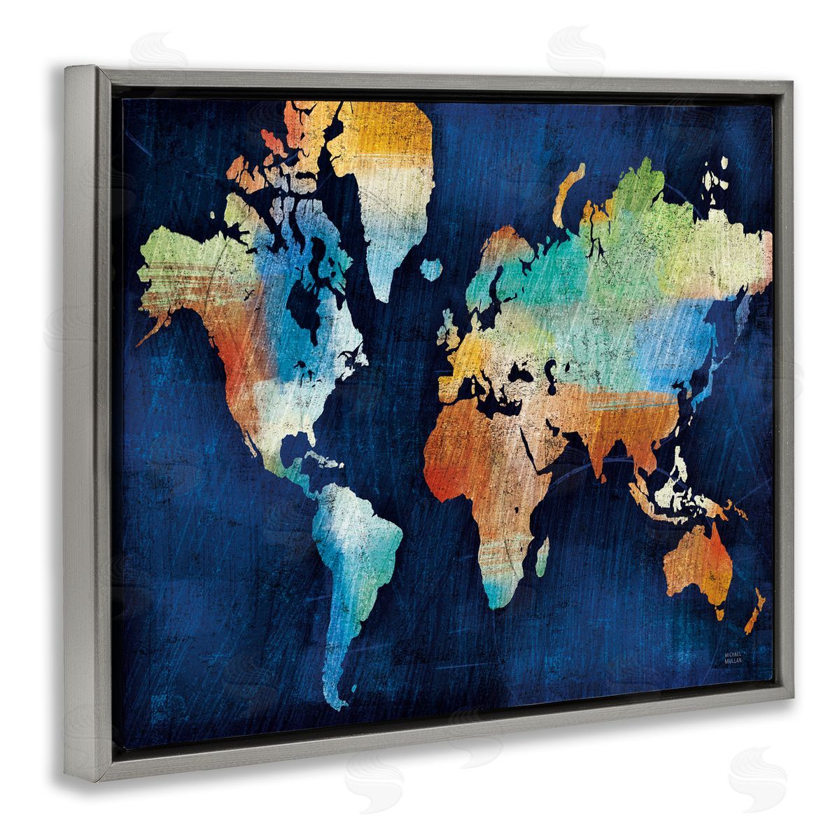 World Map Modern Rainbow Grey Floating Frame Canvas Wall Art, Home Decor by Michael Mullan