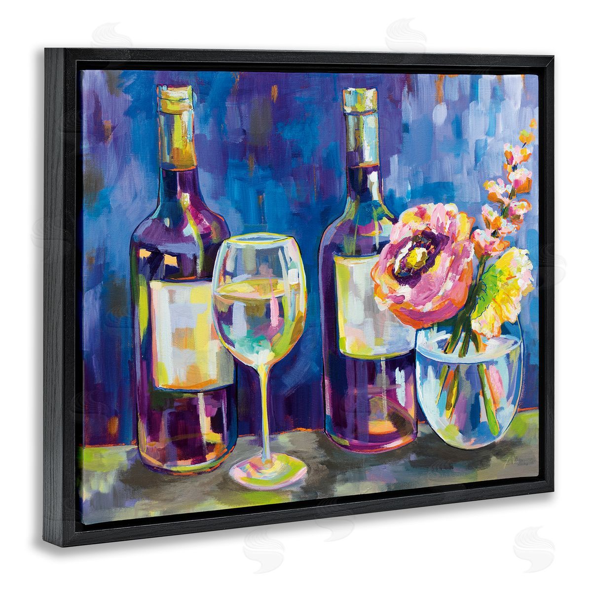 Party Drinks & Flowers Painting Black Floating Frame Canvas Wall Art, Home Decor by Jeanette Vertentes