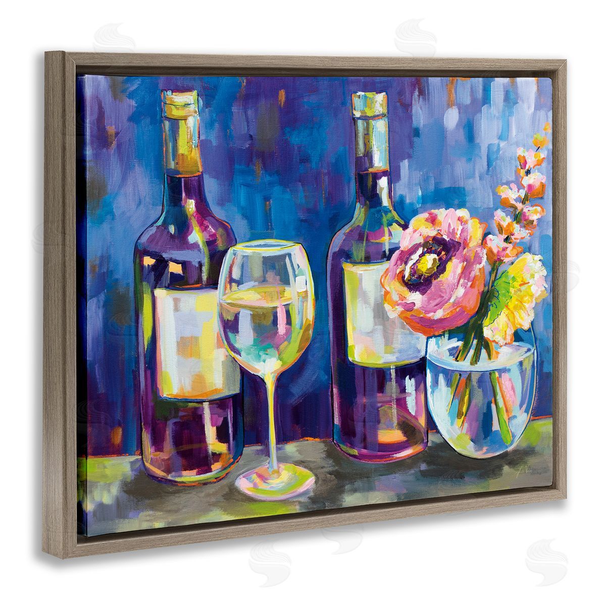 Party Drinks & Flowers Painting Brown Floating Frame Canvas Wall Art, Home Decor by Jeanette Vertentes