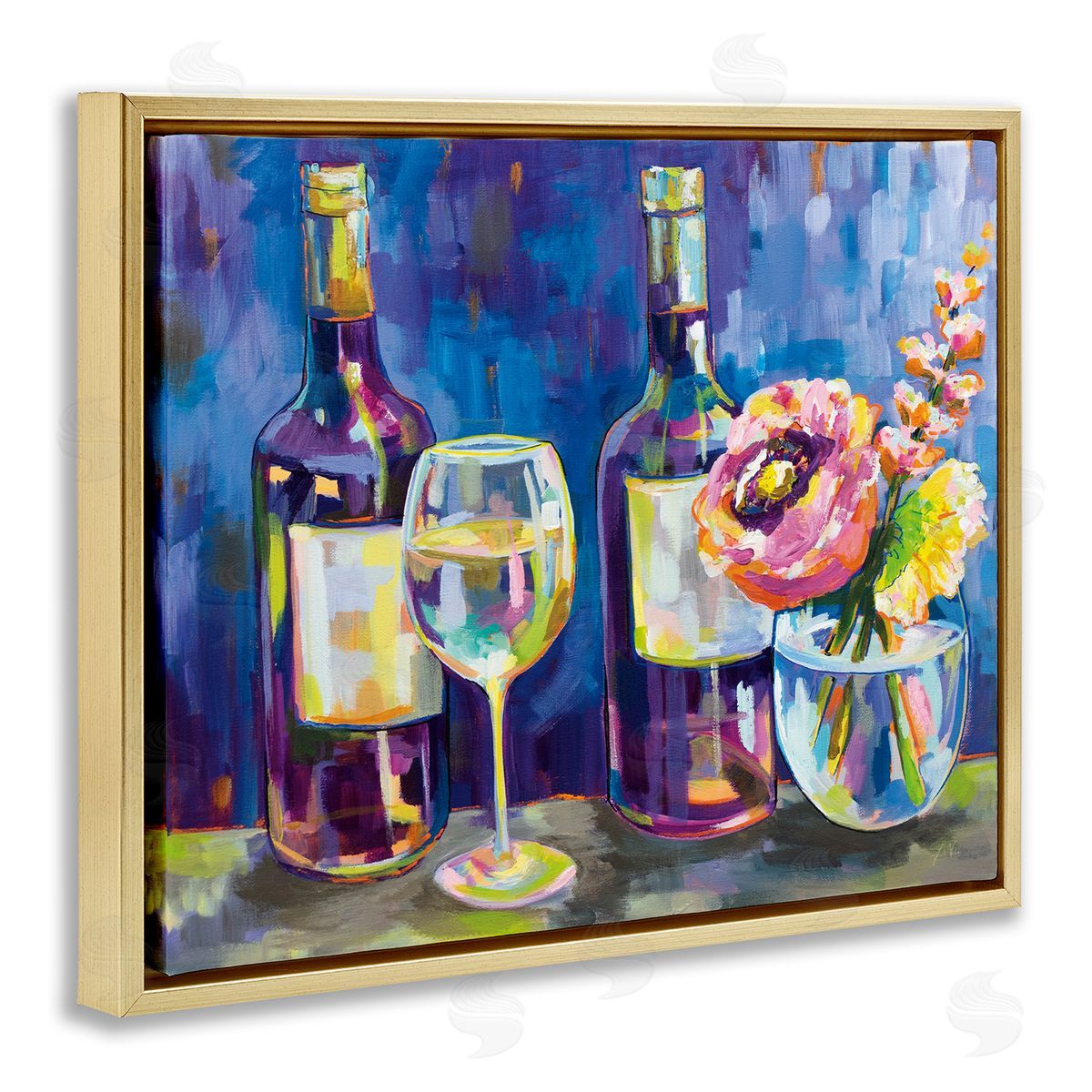 Party Drinks & Flowers Painting Gold Floating Frame Canvas Wall Art, Home Decor by Jeanette Vertentes