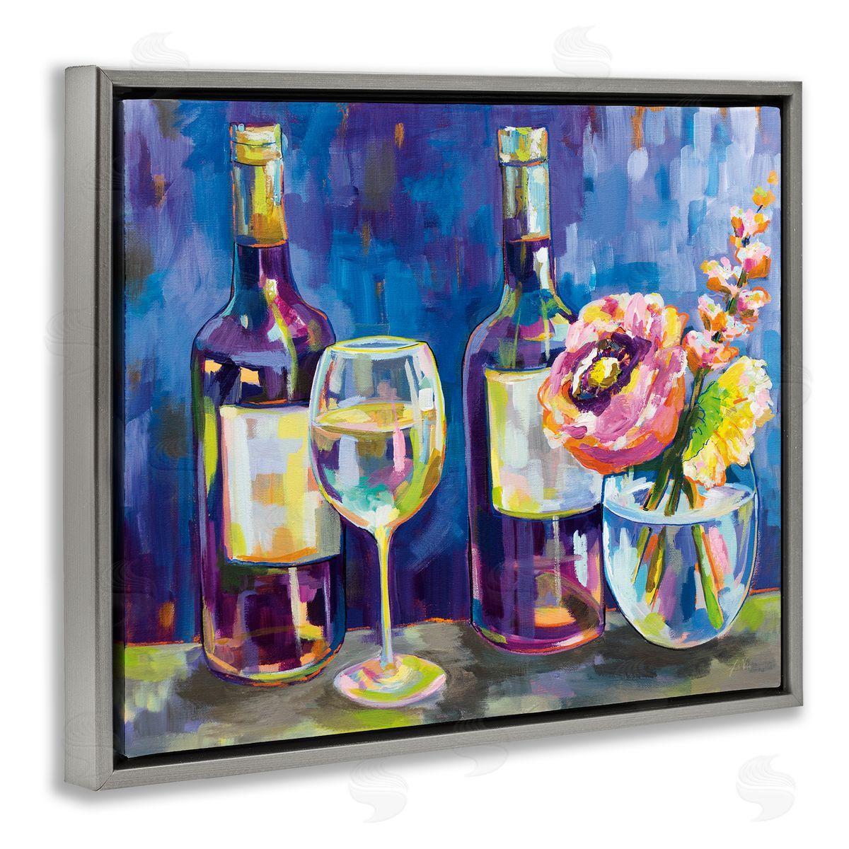 Party Drinks & Flowers Painting Grey Floating Frame Canvas Wall Art, Home Decor by Jeanette Vertentes