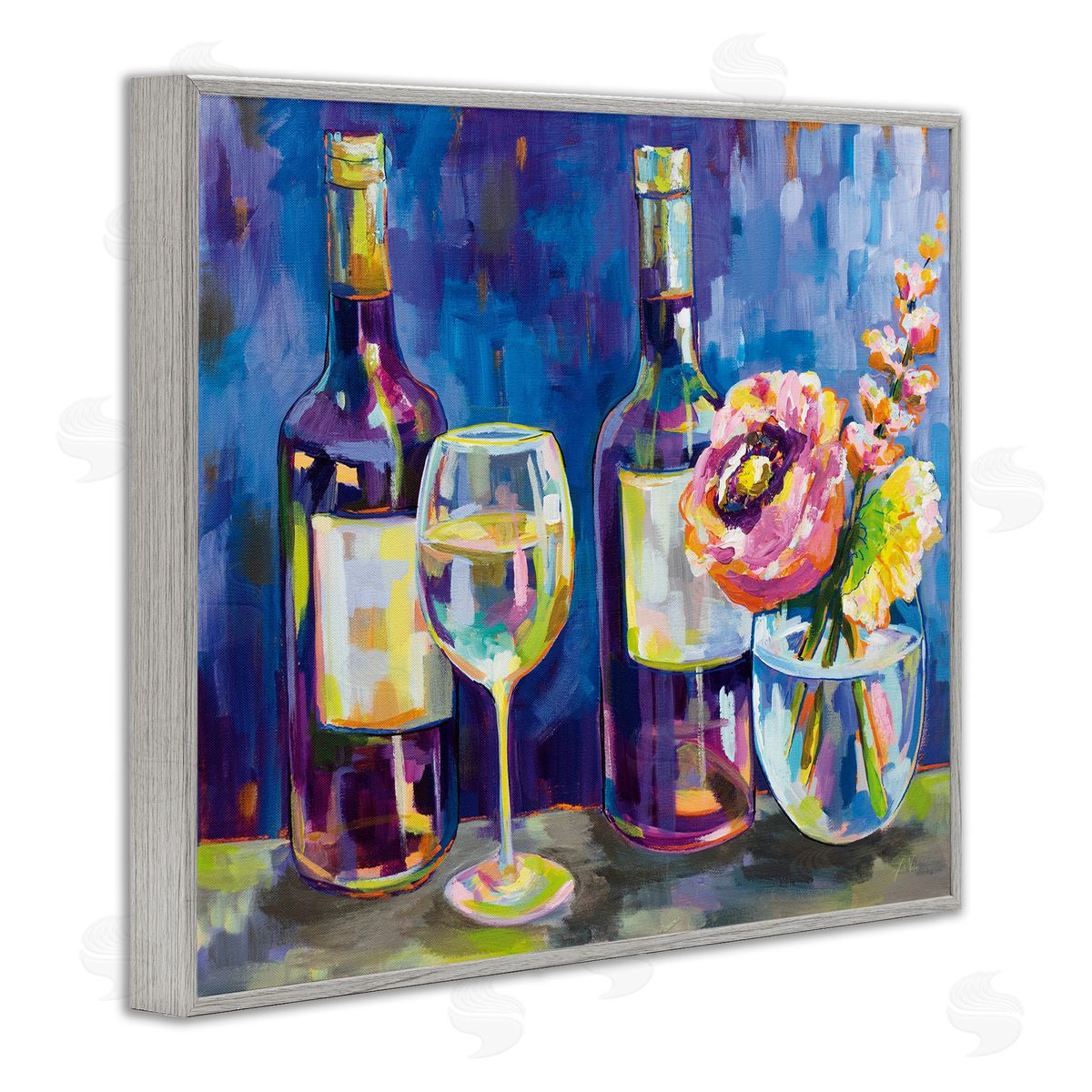 Party Drinks & Flowers Painting Grey Frame Print Wall Art, Home Decor by Jeanette Vertentes