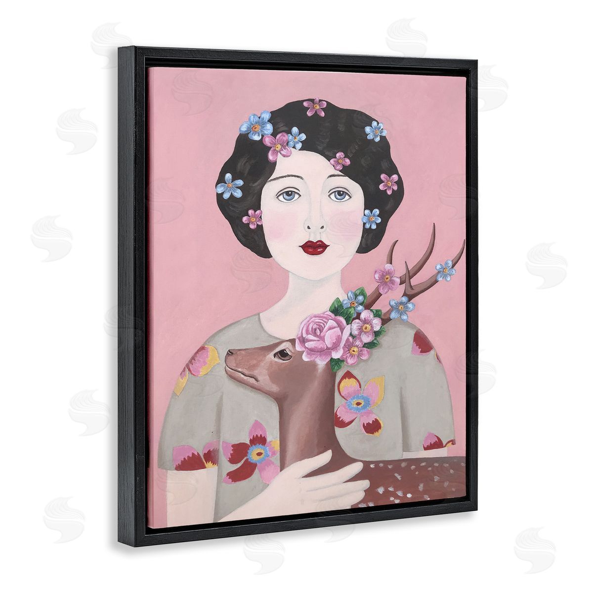 Woman And Deer Pink Animal Painting Black Floating Frame Canvas Wall Art, Home Decor by Sally B