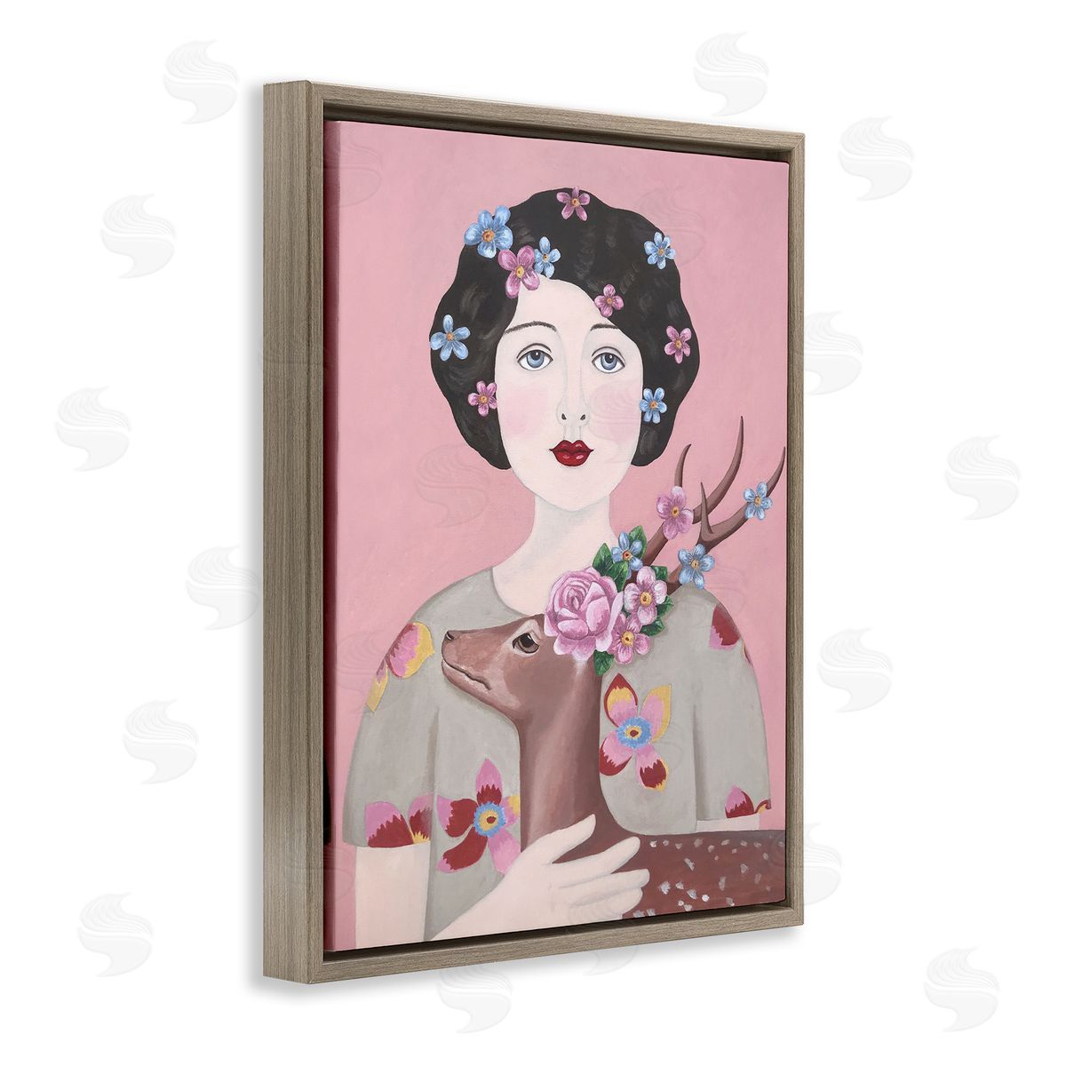 Woman And Deer Pink Animal Painting Brown Floating Frame Canvas Wall Art, Home Decor by Sally B