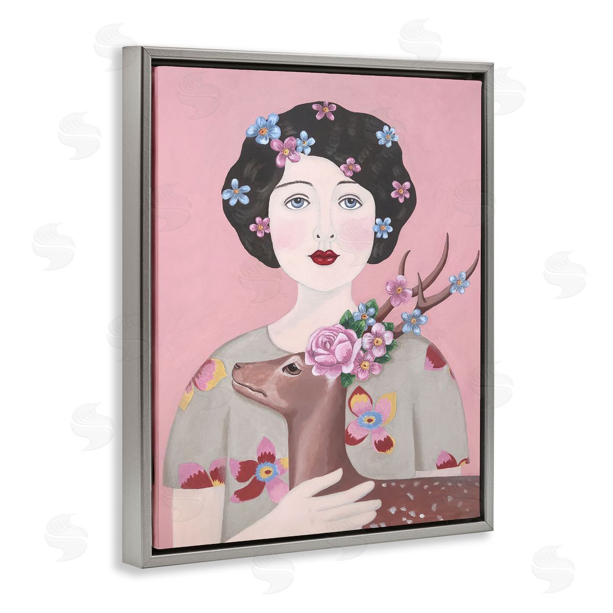 Woman And Deer Pink Animal Painting Grey Floating Frame Canvas Wall Art, Home Decor by Sally B