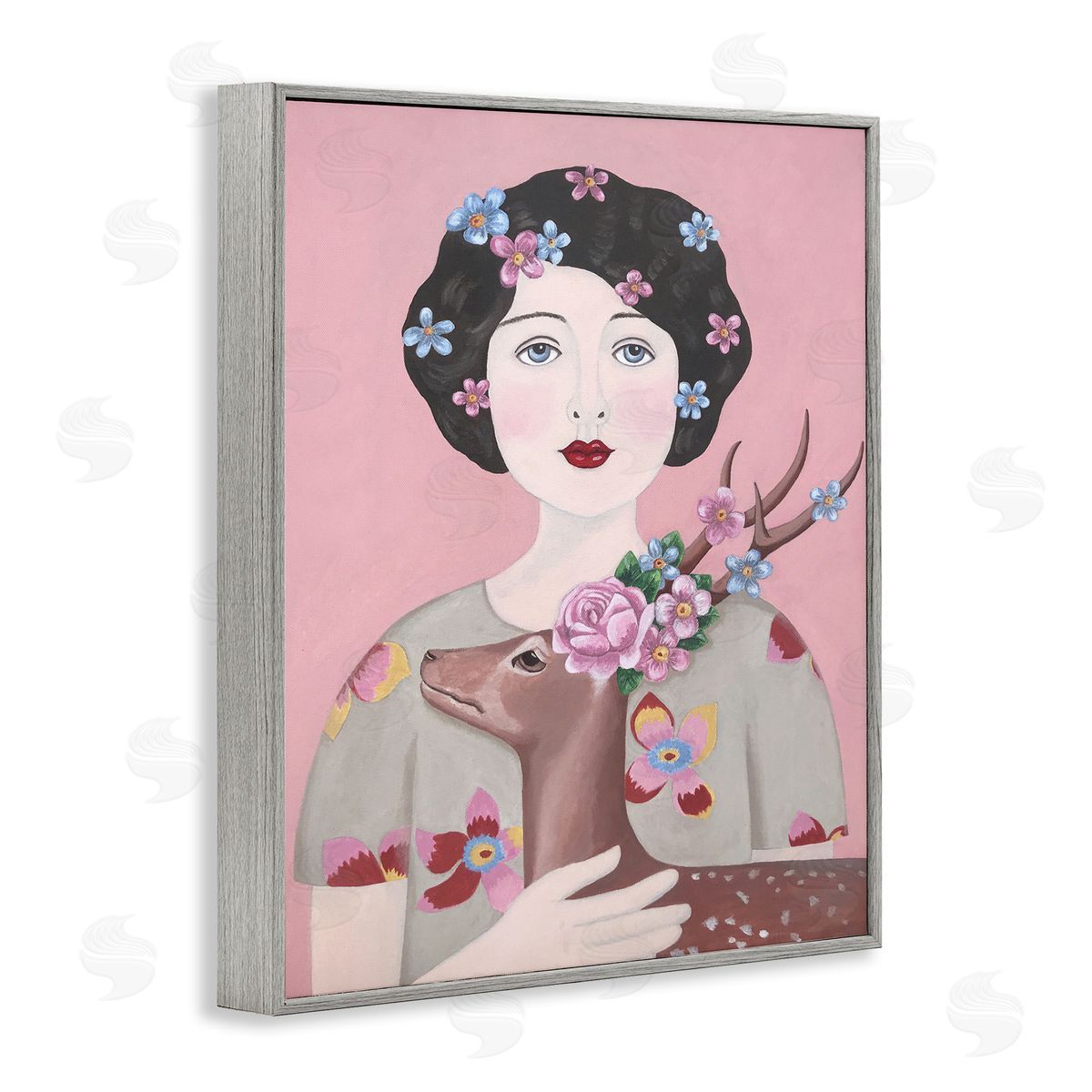 Woman And Deer Pink Animal Painting Grey Frame Print Wall Art, Home Decor by Sally B