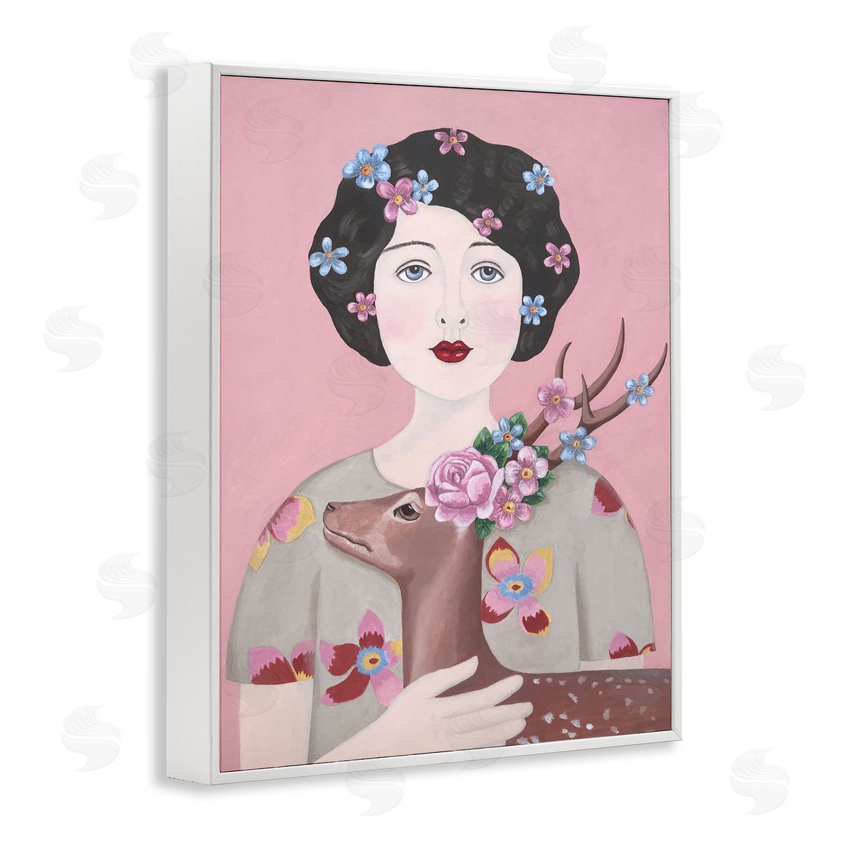 Woman And Deer Pink Animal Painting White Frame Print Wall Art, Home Decor by Sally B