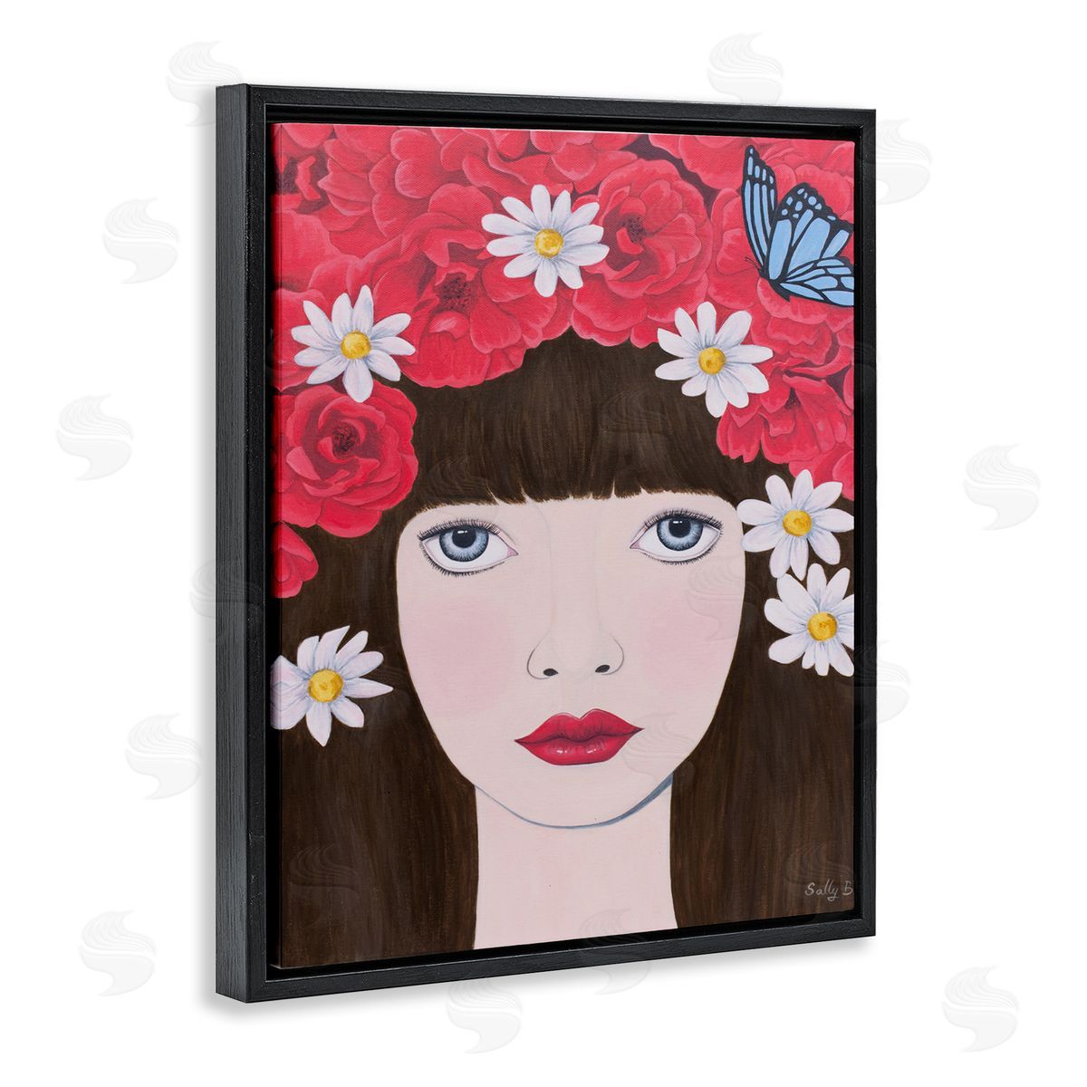 Flower Headdress Female Portrait Black Floating Frame Canvas Wall Art, Home Decor by Sally B