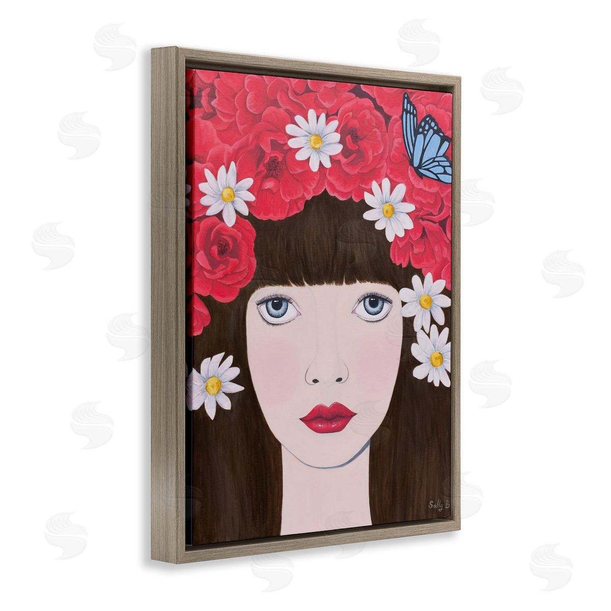 Flower Headdress Female Portrait Brown Floating Frame Canvas Wall Art, Home Decor by Sally B
