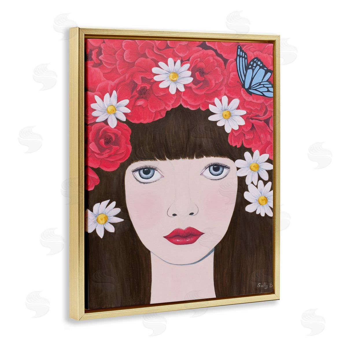 Flower Headdress Female Portrait Gold Floating Frame Canvas Wall Art, Home Decor by Sally B