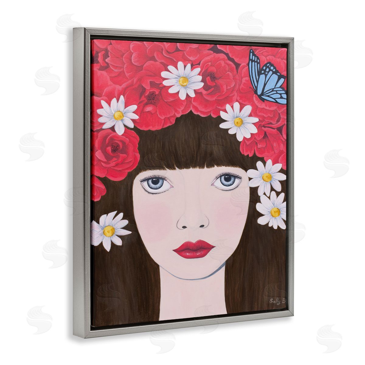 Flower Headdress Female Portrait Grey Floating Frame Canvas Wall Art, Home Decor by Sally B