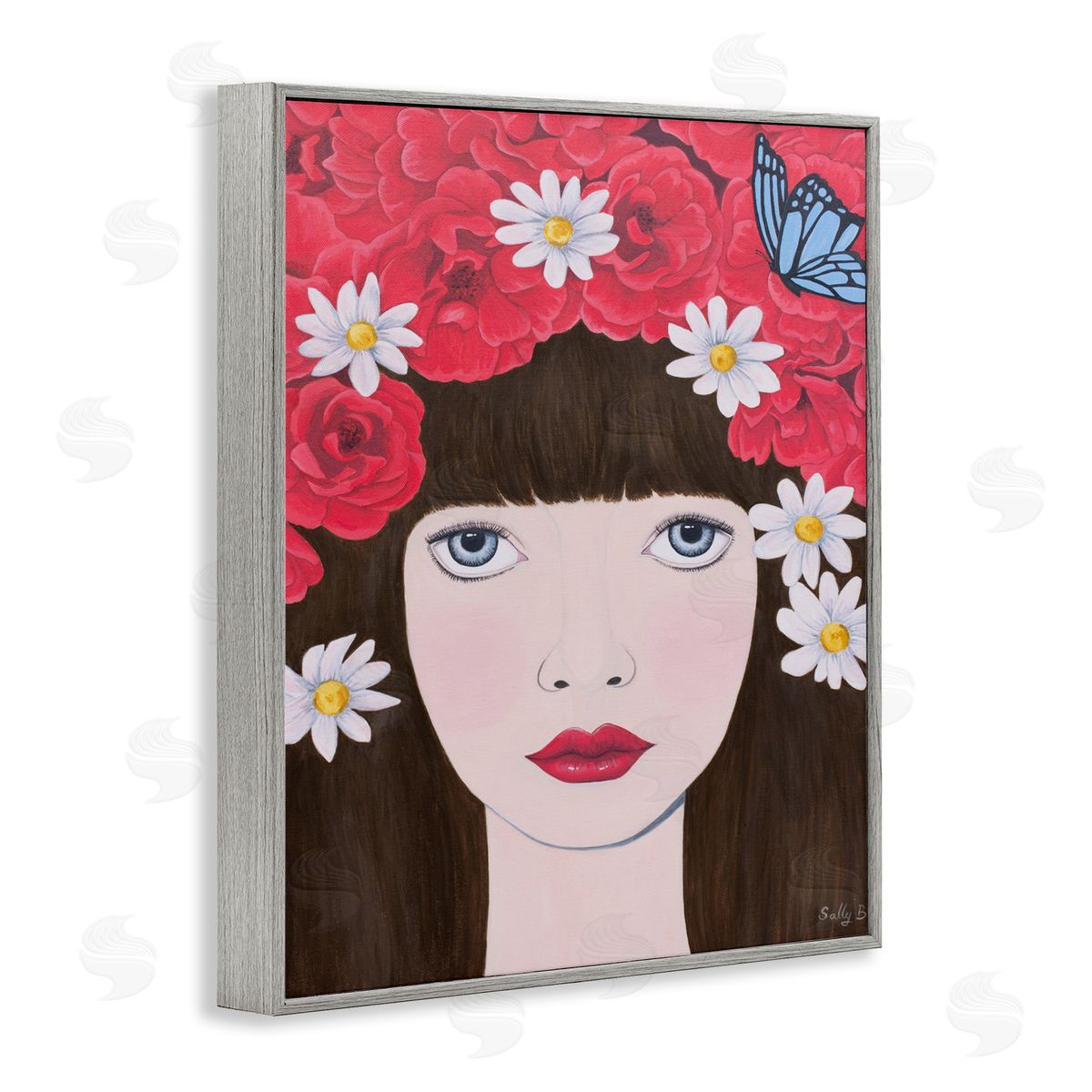 Flower Headdress Female Portrait Grey Frame Print Wall Art, Home Decor by Sally B