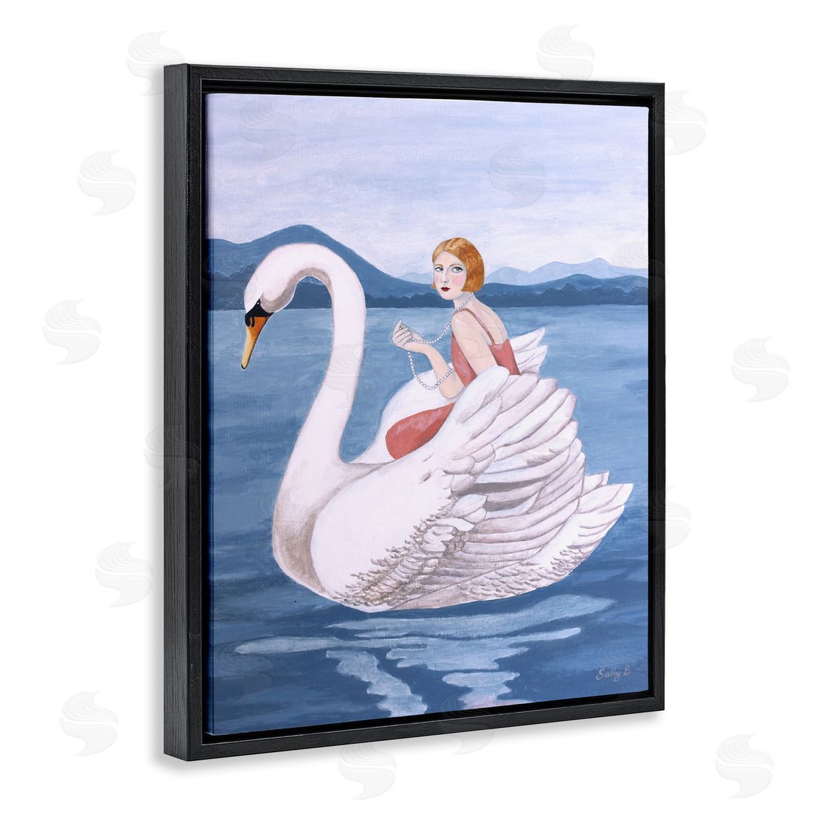 Woman And Swan Lake Black Floating Frame Canvas Wall Art, Home Decor by Sally B