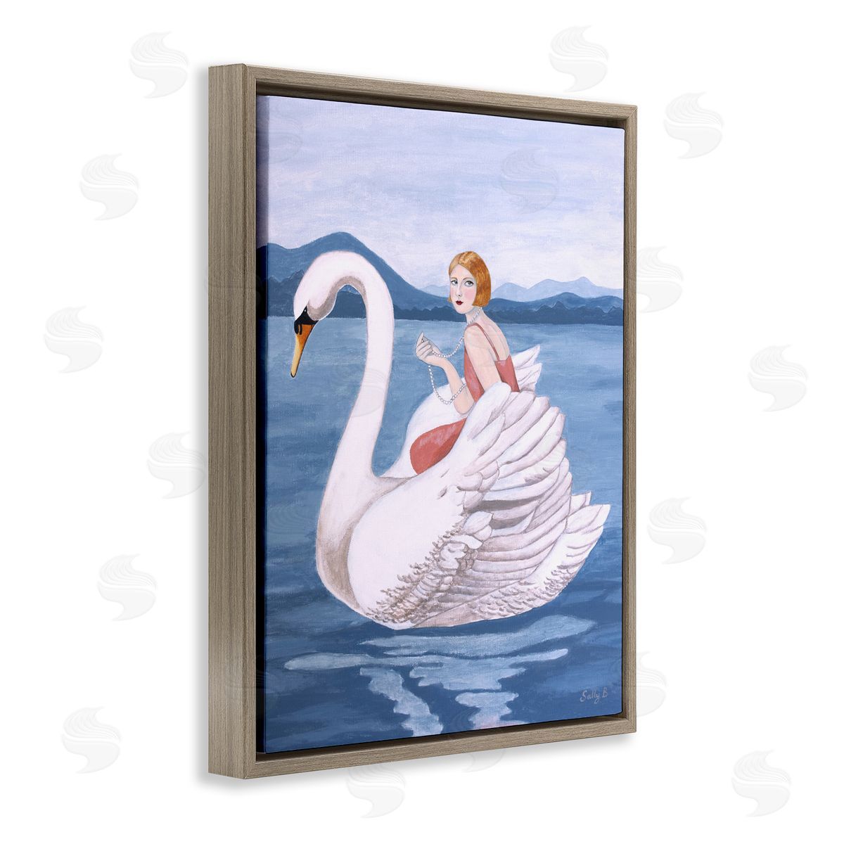 Woman And Swan Lake Brown Floating Frame Canvas Wall Art, Home Decor by Sally B