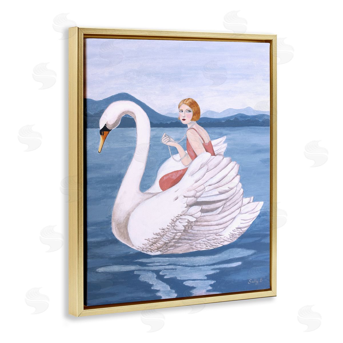 Woman And Swan Lake Gold Floating Frame Canvas Wall Art, Home Decor by Sally B