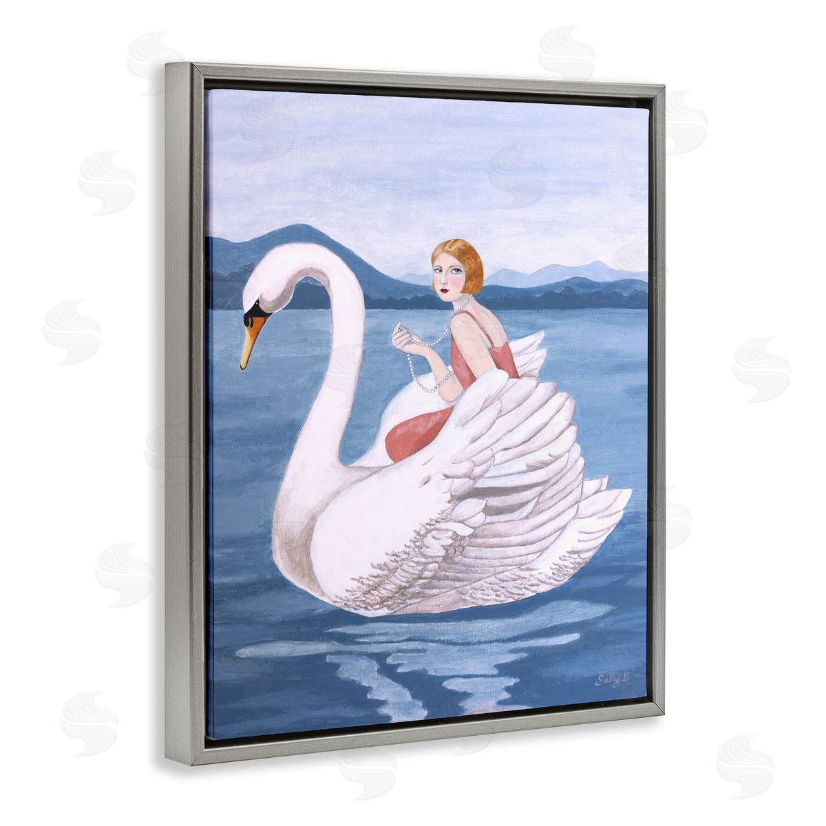 Woman And Swan Lake Grey Floating Frame Canvas Wall Art, Home Decor by Sally B