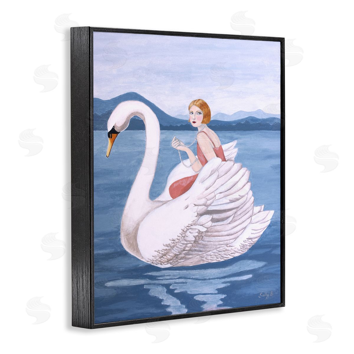Woman And Swan Lake Black Frame Print Wall Art, Home Decor by Sally B
