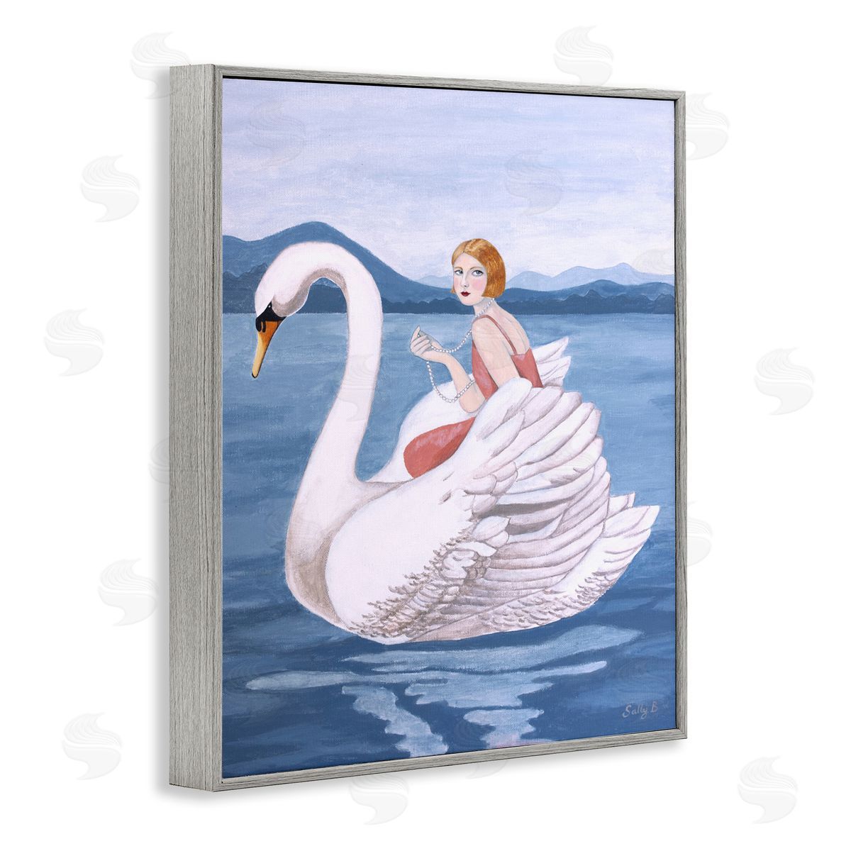Woman And Swan Lake Grey Frame Print Wall Art, Home Decor by Sally B