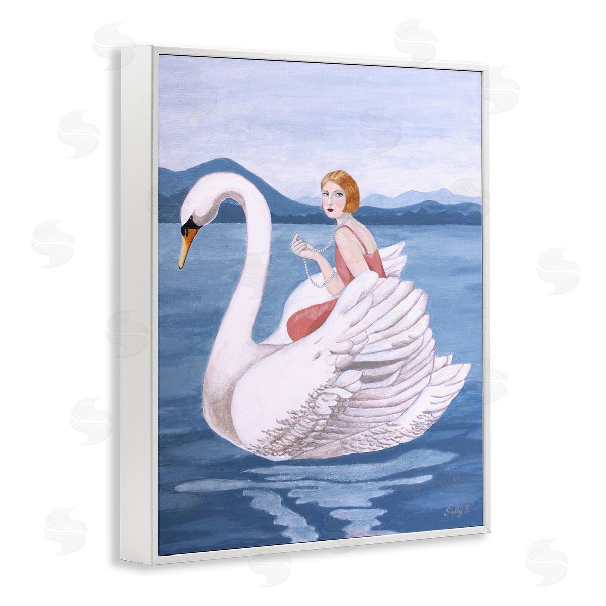 Woman And Swan Lake White Frame Print Wall Art, Home Decor by Sally B
