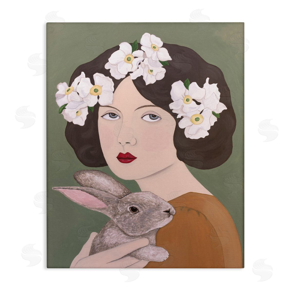 Woman And Rabbit Floral Canvas Wall Art, Home Decor by Sally B