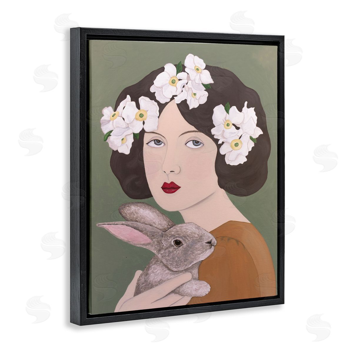 Woman And Rabbit Floral Black Floating Frame Canvas Wall Art, Home Decor by Sally B