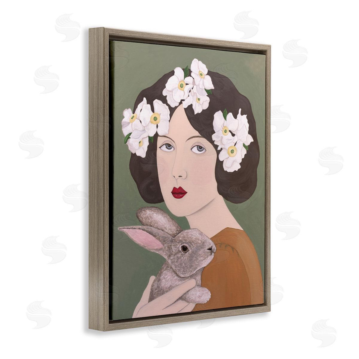 Woman And Rabbit Floral Brown Floating Frame Canvas Wall Art, Home Decor by Sally B