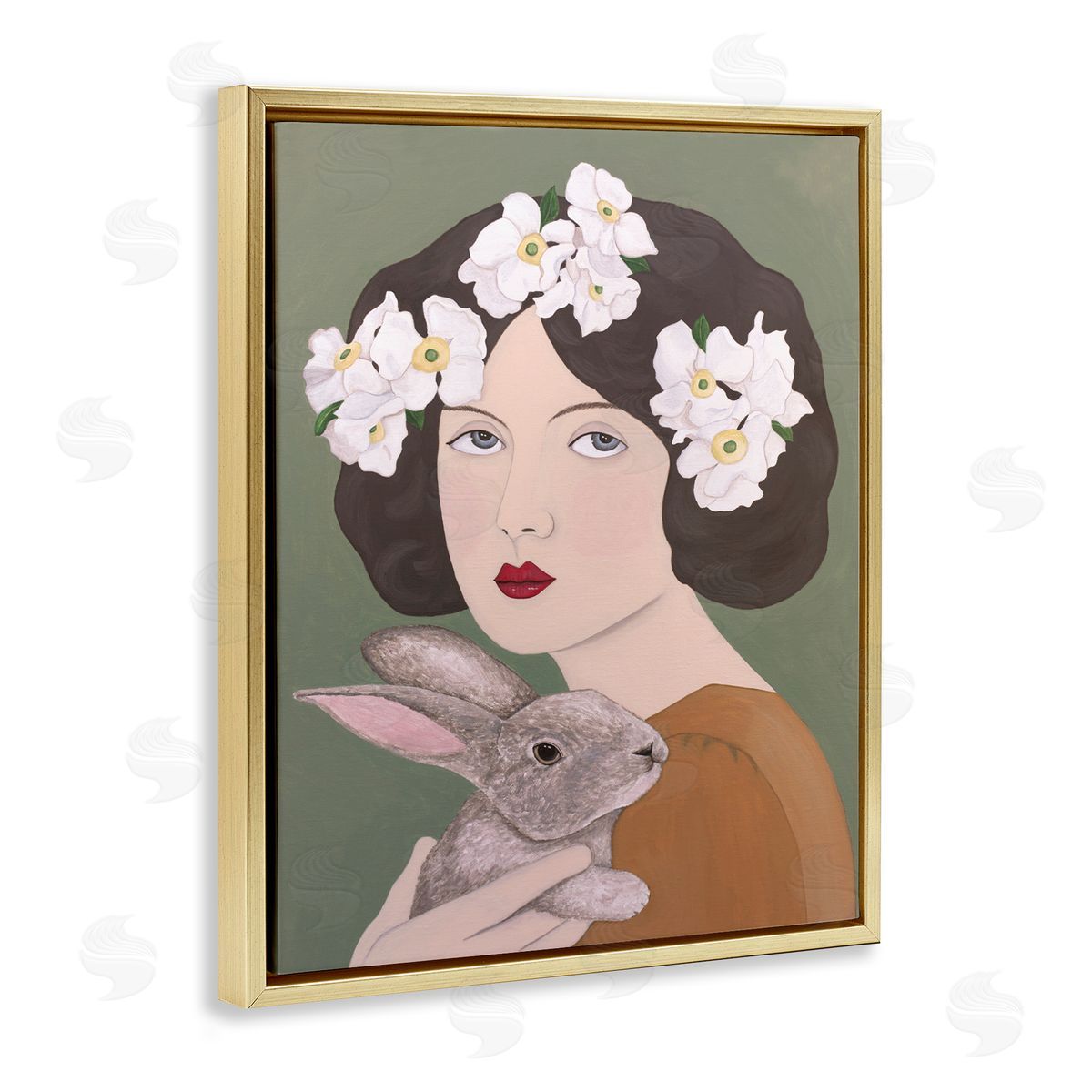 Woman And Rabbit Floral Gold Floating Frame Canvas Wall Art, Home Decor by Sally B