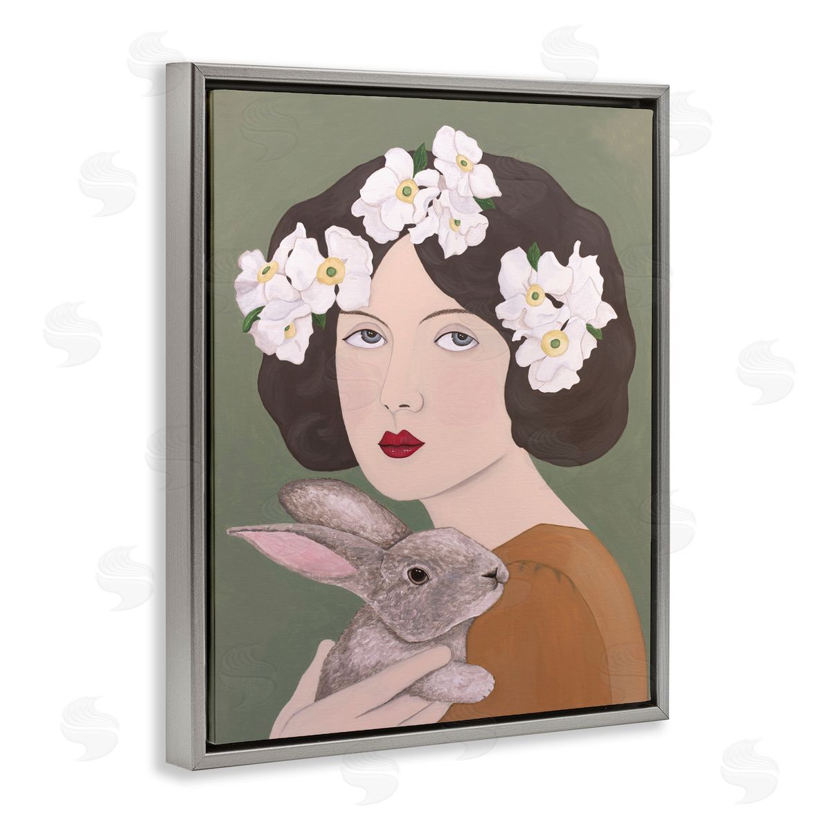 Woman And Rabbit Floral Grey Floating Frame Canvas Wall Art, Home Decor by Sally B
