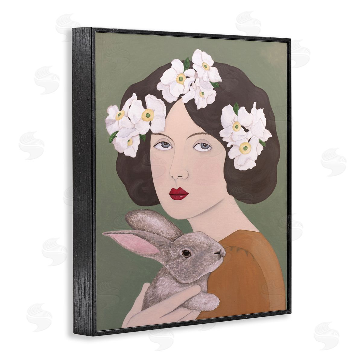 Woman And Rabbit Floral Black Frame Print Wall Art, Home Decor by Sally B