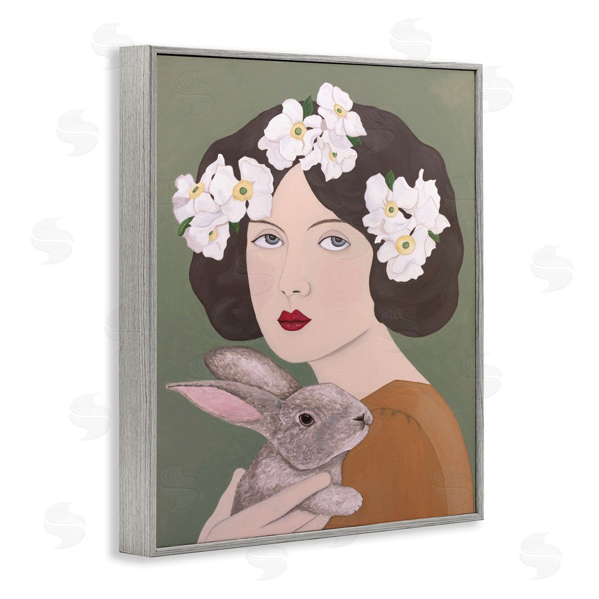Woman And Rabbit Floral Grey Frame Print Wall Art, Home Decor by Sally B