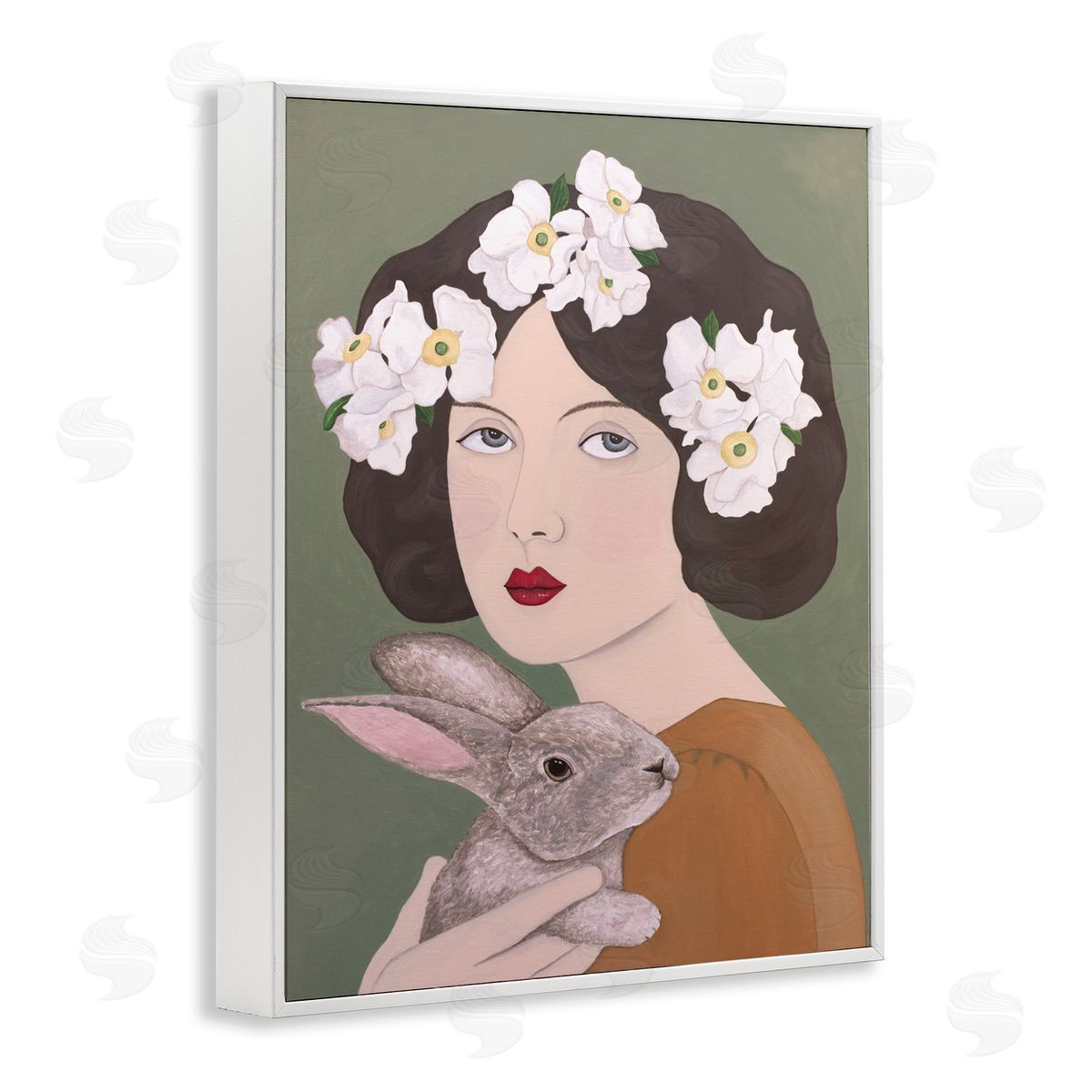 Woman And Rabbit Floral White Frame Print Wall Art, Home Decor by Sally B