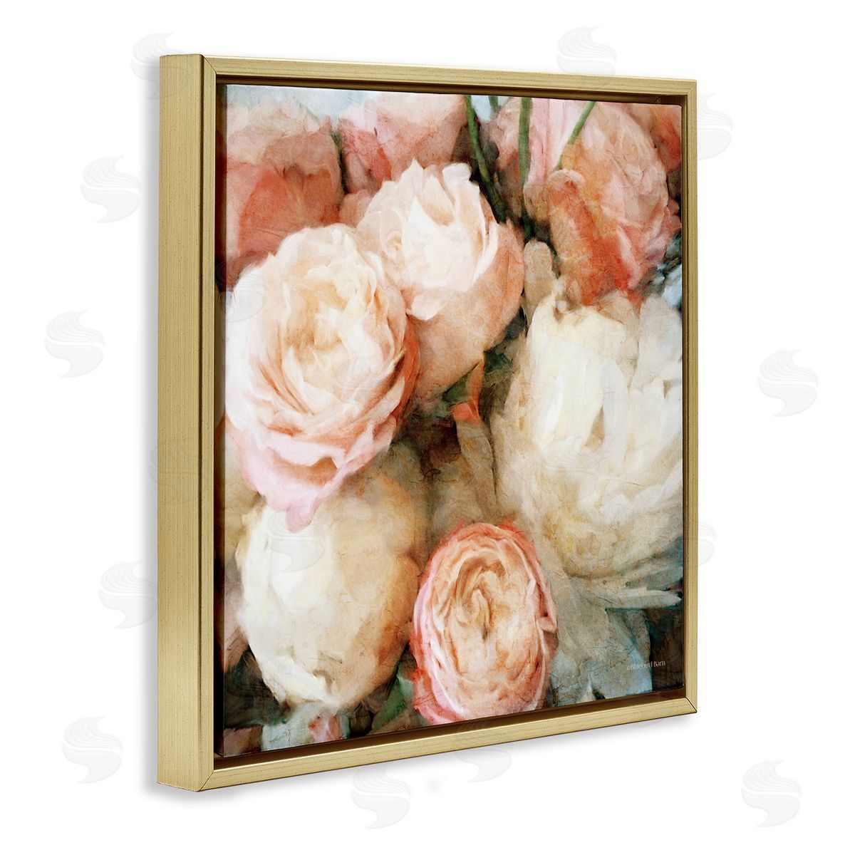 Flower Bouquet Pink White Gold Floating Frame Canvas Wall Art, Home Decor by Bluebird Barn