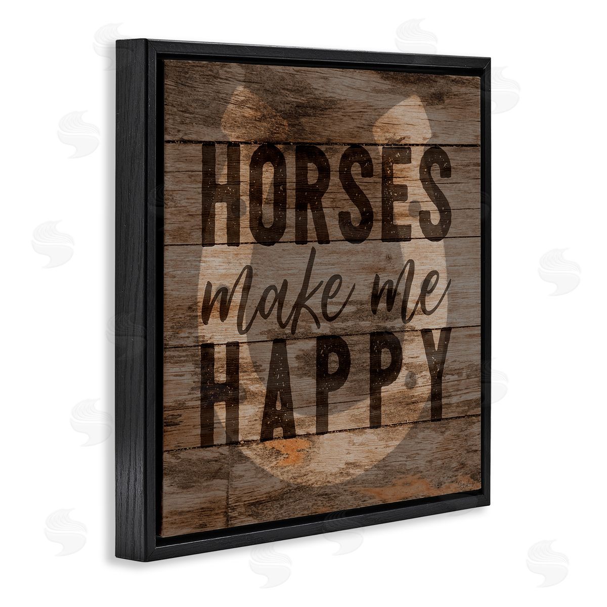 Horses Make Me Happy Horseshoe Black Floating Frame Canvas Wall Art, Home Decor by Gigi Louise