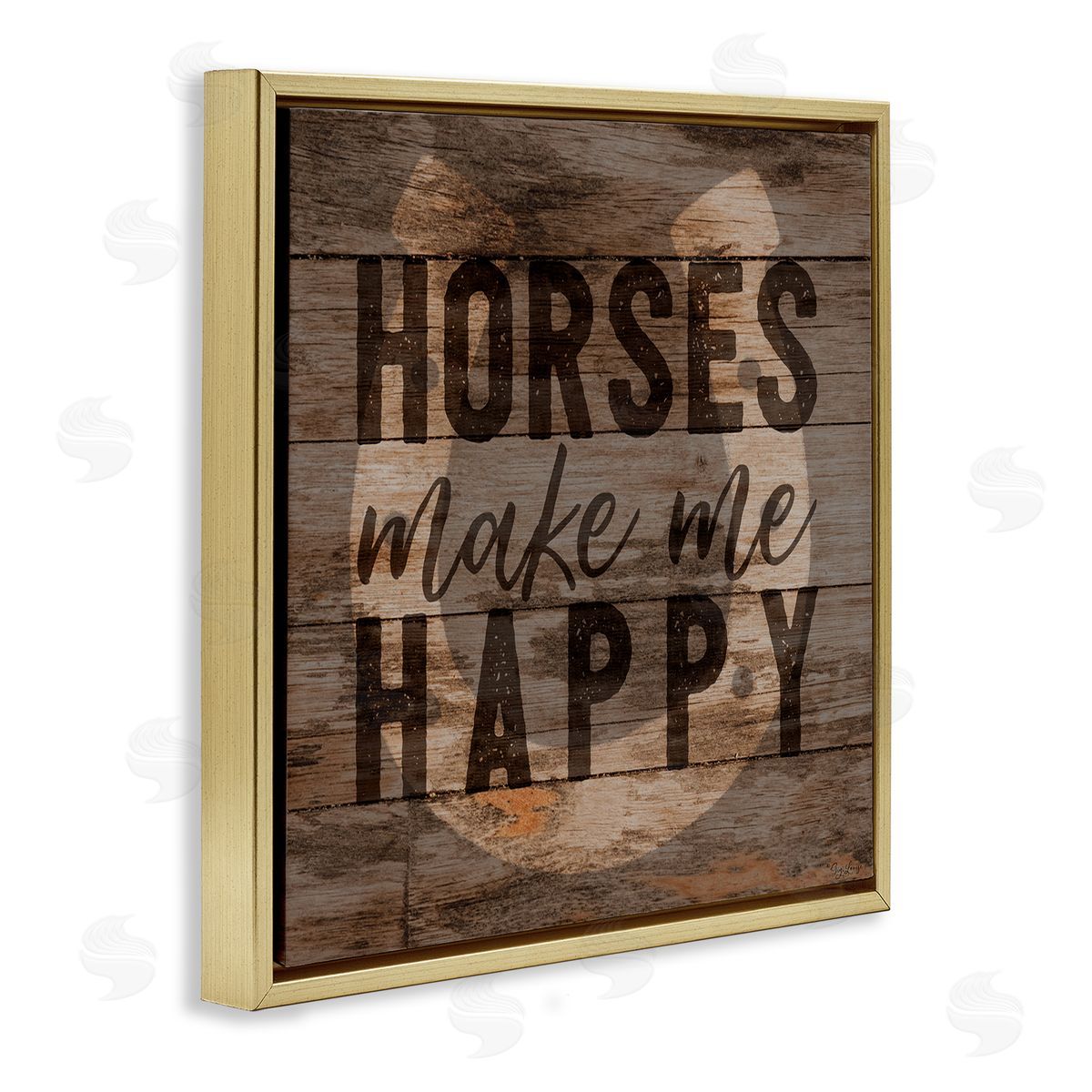 Horses Make Me Happy Horseshoe Gold Floating Frame Canvas Wall Art, Home Decor by Gigi Louise
