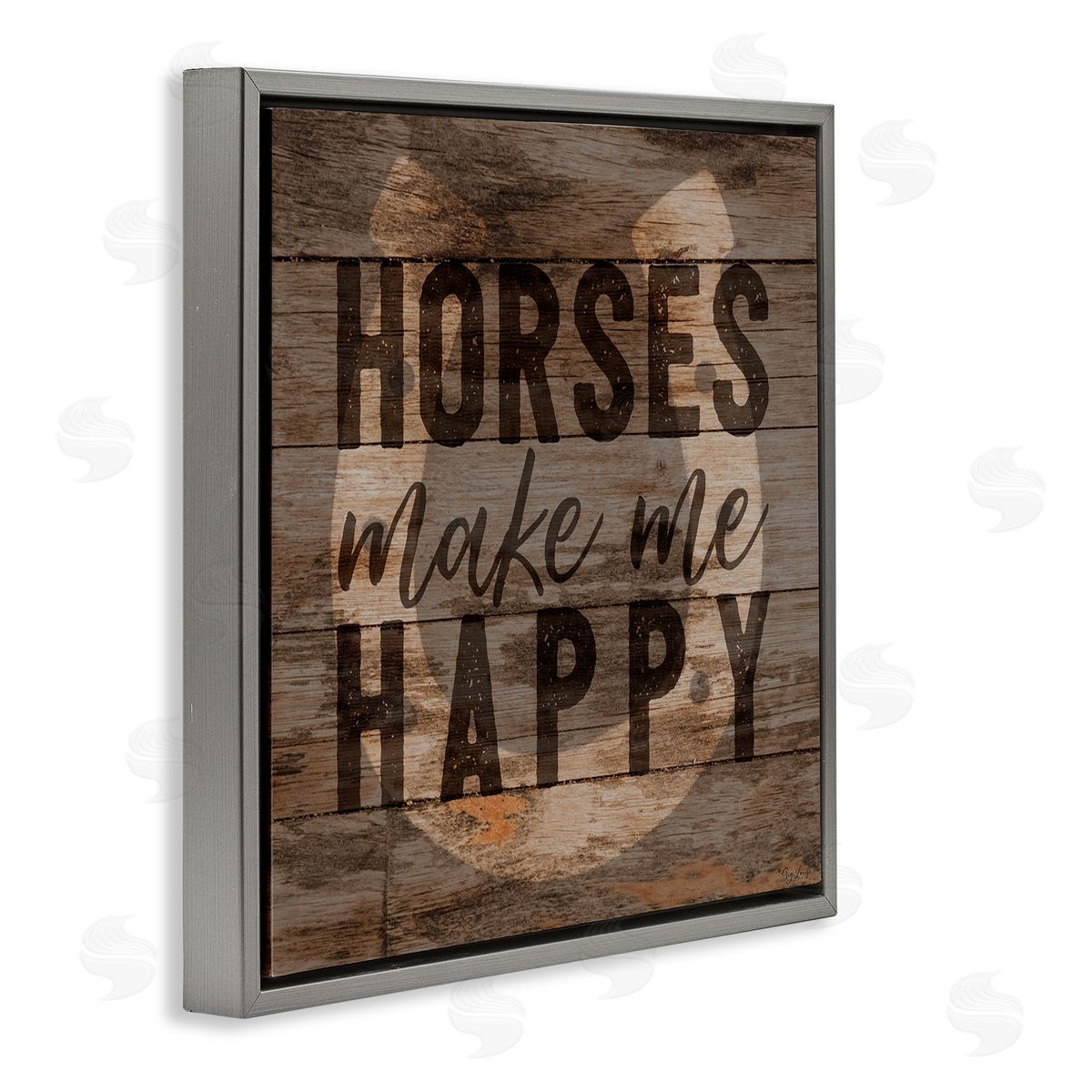 Horses Make Me Happy Horseshoe Grey Floating Frame Canvas Wall Art, Home Decor by Gigi Louise