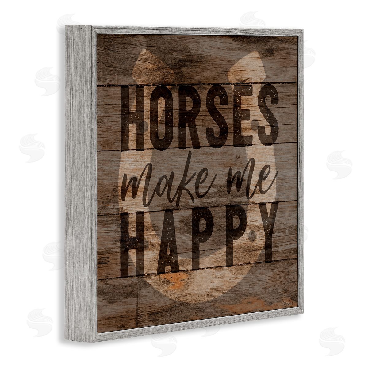 Horses Make Me Happy Horseshoe Grey Frame Print Wall Art, Home Decor by Gigi Louise