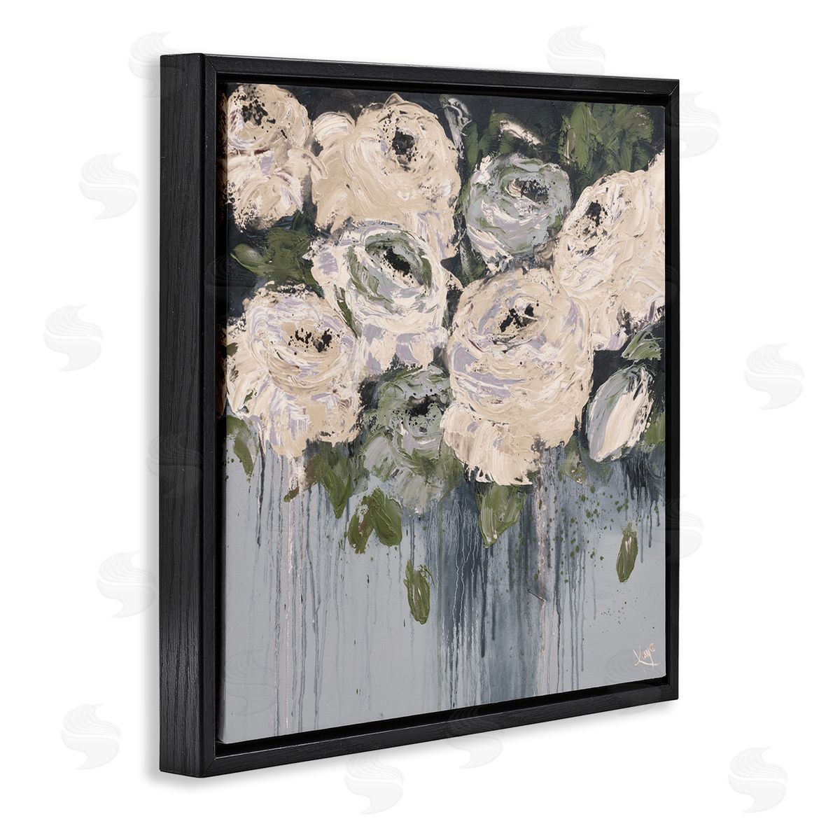 Dripping Flowers Grey Painting Black Floating Frame Canvas Wall Art, Home Decor by Kaye Lake