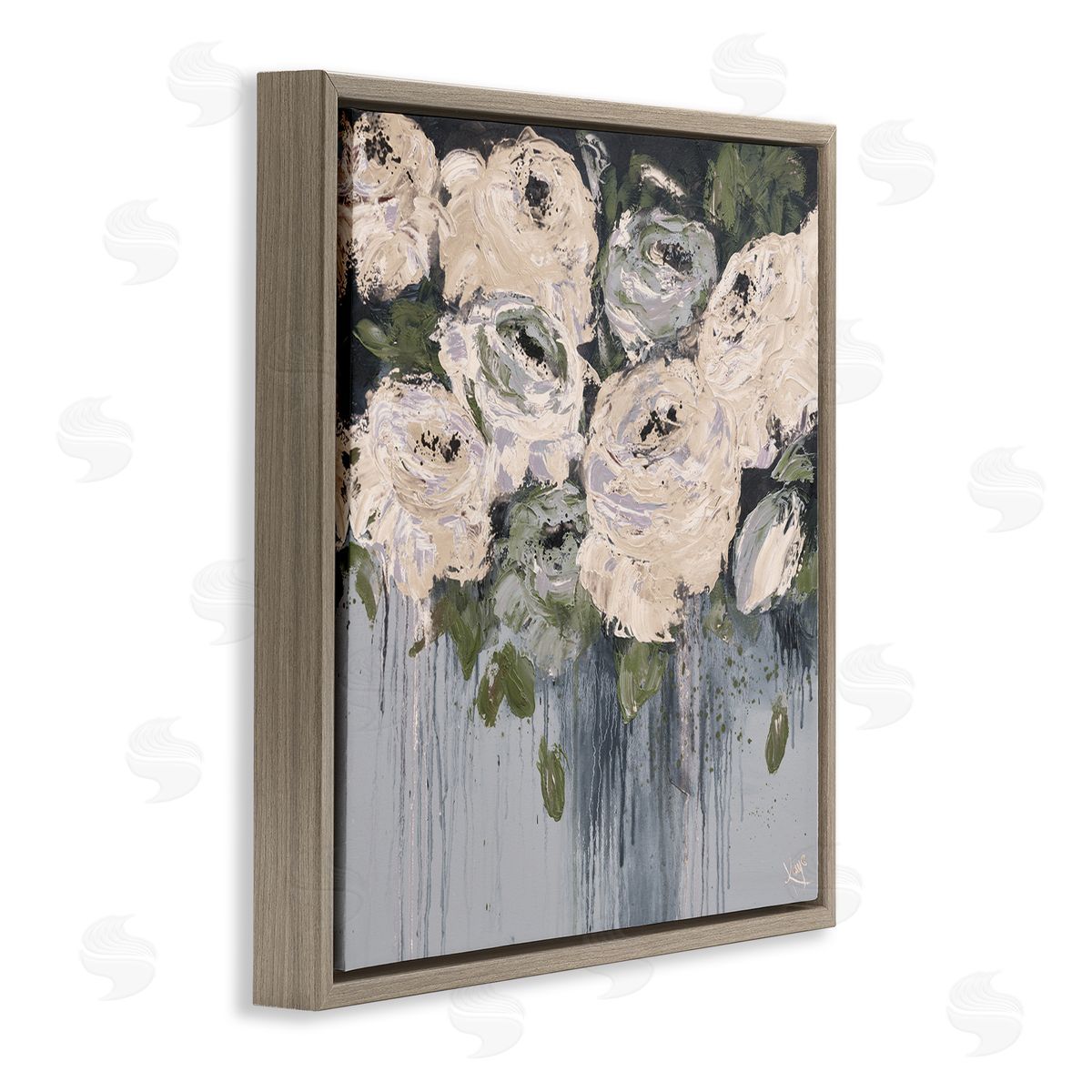 Dripping Flowers Grey Painting Brown Floating Frame Canvas Wall Art, Home Decor by Kaye Lake