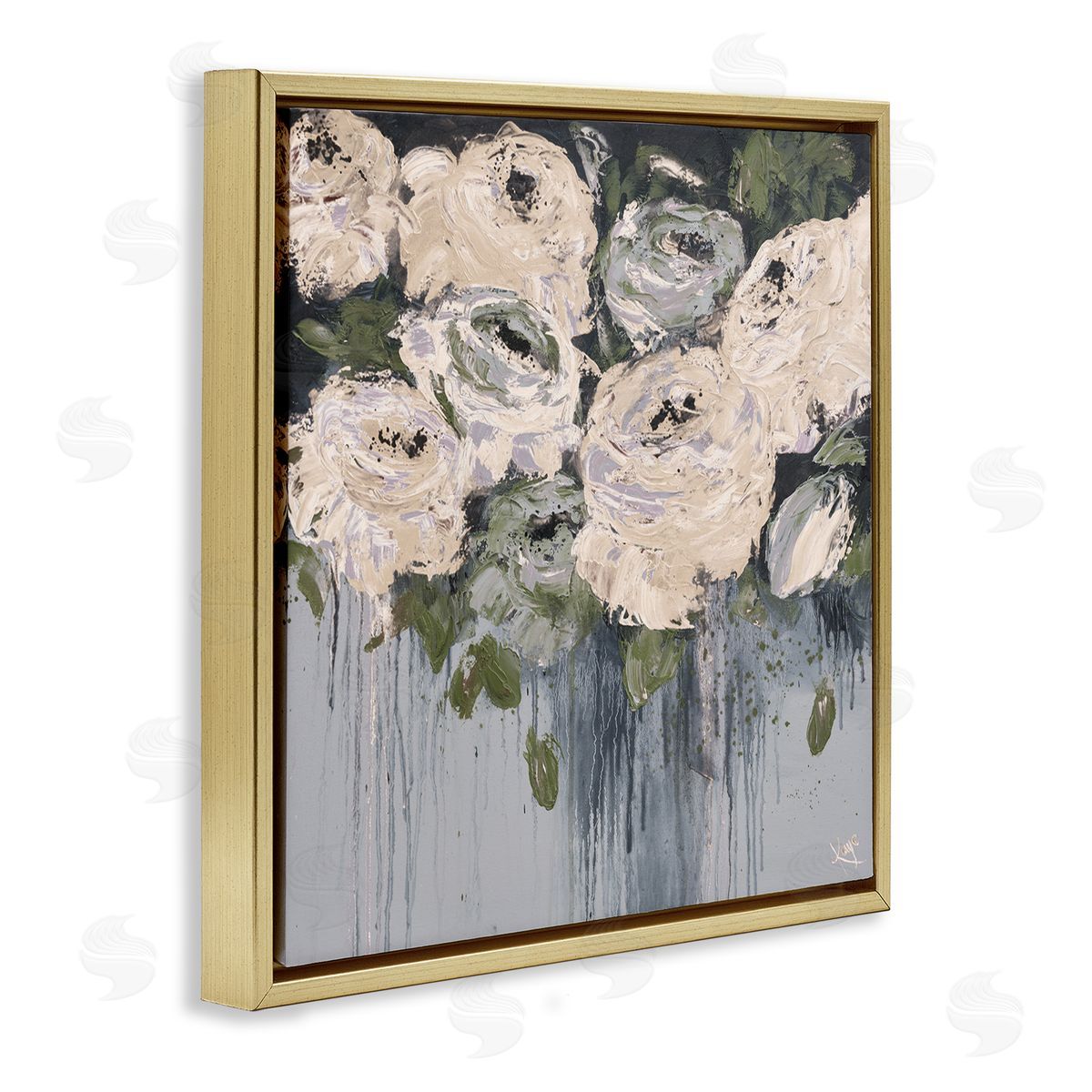 Dripping Flowers Grey Painting Gold Floating Frame Canvas Wall Art, Home Decor by Kaye Lake