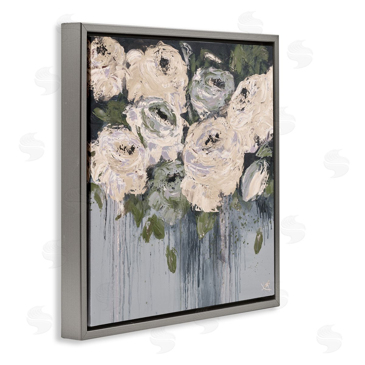 Dripping Flowers Grey Painting Grey Floating Frame Canvas Wall Art, Home Decor by Kaye Lake