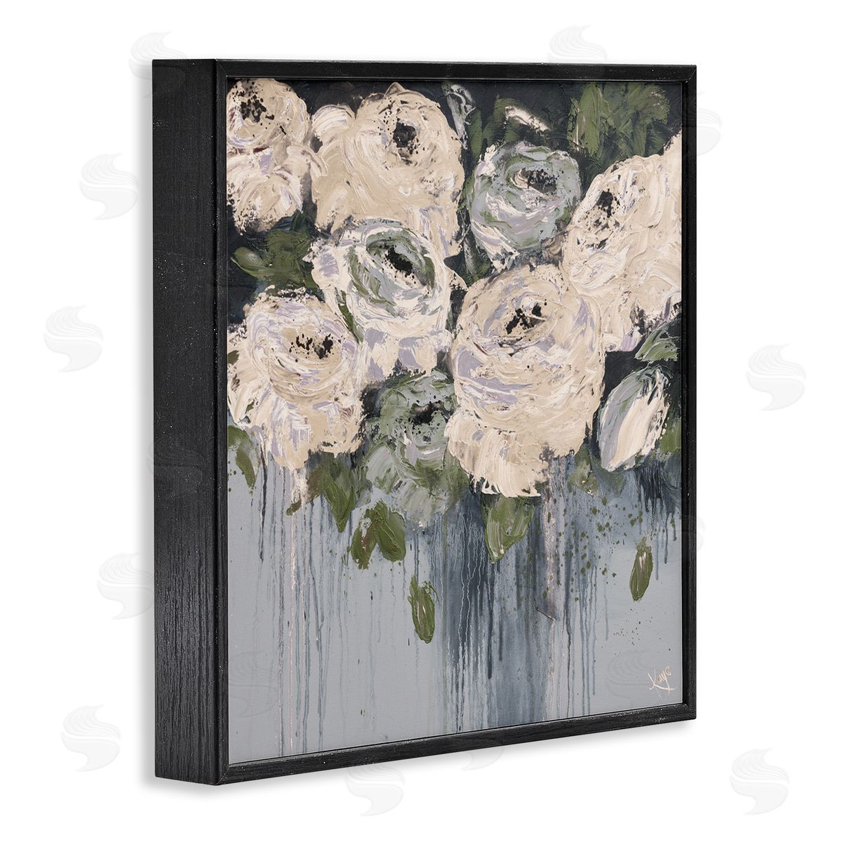 Dripping Flowers Grey Painting Black Frame Print Wall Art, Home Decor by Kaye Lake