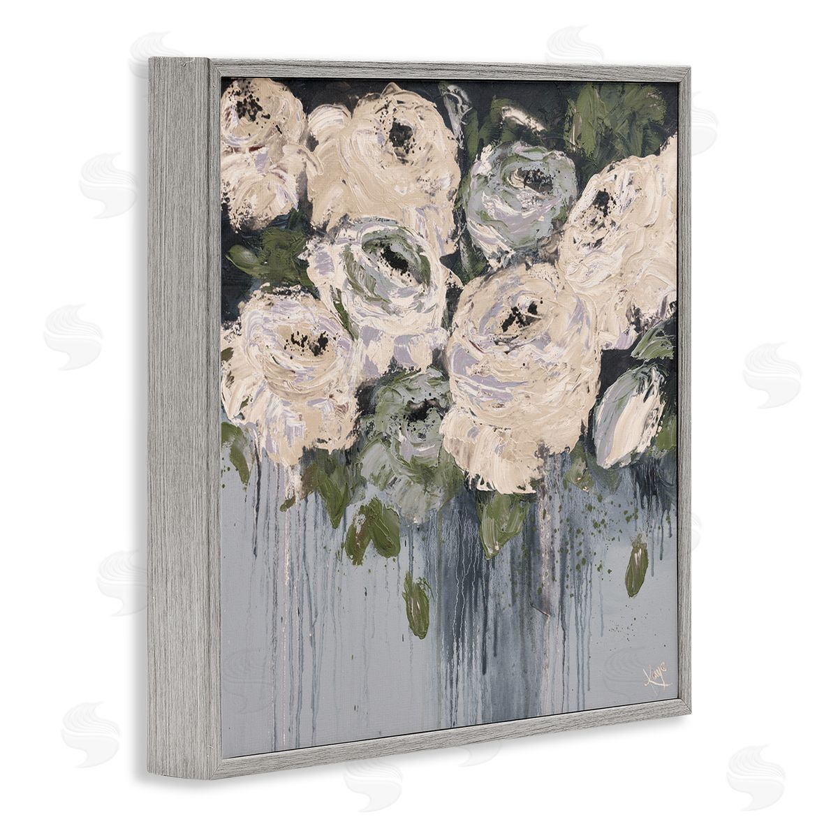 Dripping Flowers Grey Painting Grey Frame Print Wall Art, Home Decor by Kaye Lake