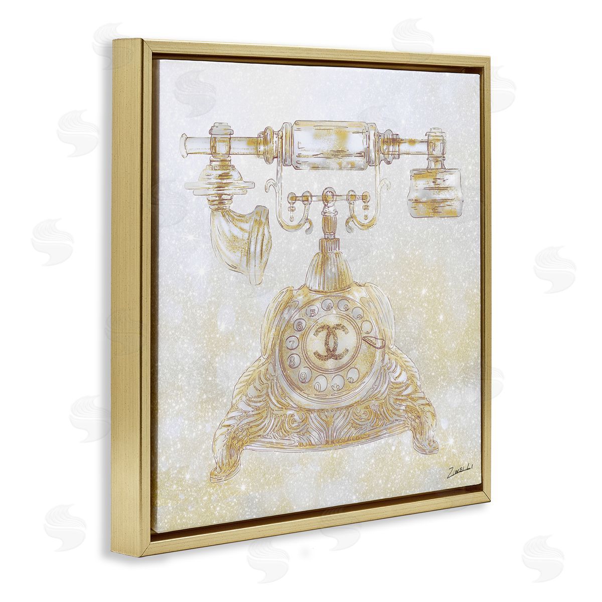 Rotary Telephone Fashion Brand Gold Floating Frame Canvas Wall Art, Home Decor by Ziwei Li