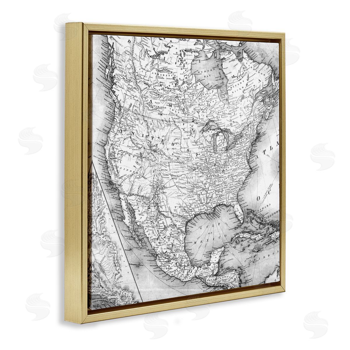 Vintage Map Of North America Gold Floating Frame Canvas Wall Art, Home Decor by Stupell Studio