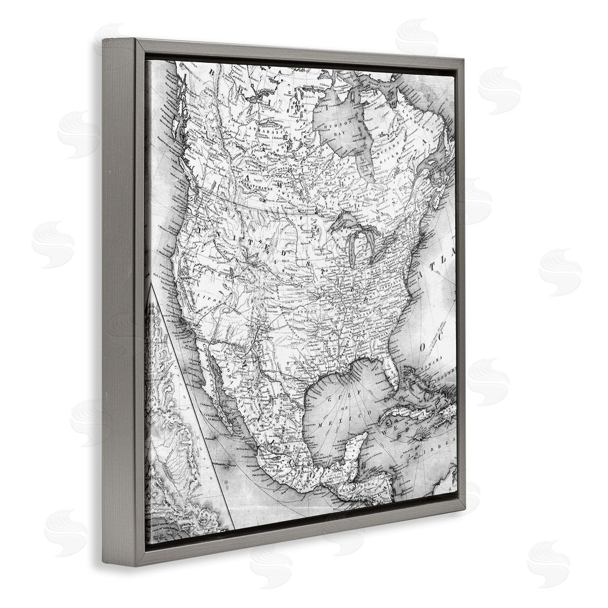 Vintage Map Of North America Grey Floating Frame Canvas Wall Art, Home Decor by Stupell Studio