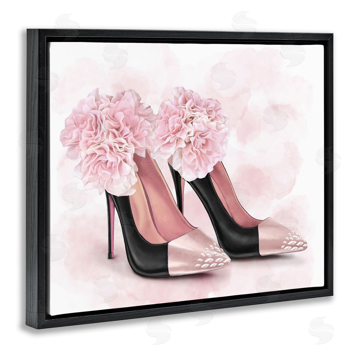 Fashion Heels Pink Flowers Black Floating Frame Canvas Wall Art, Home Decor by Ziwei Li